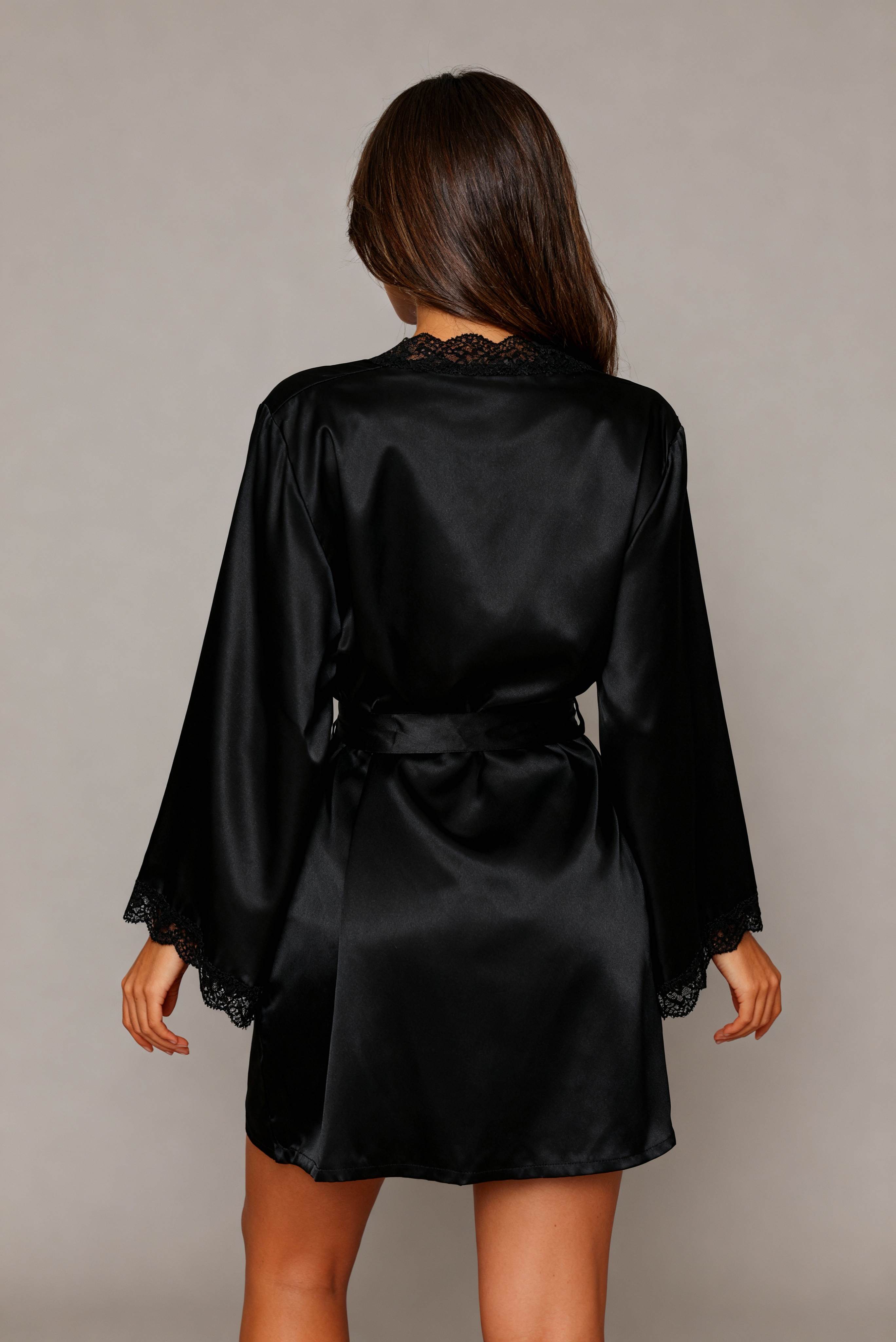 Elysian Series - Satin Robe with Lace Trim - Black