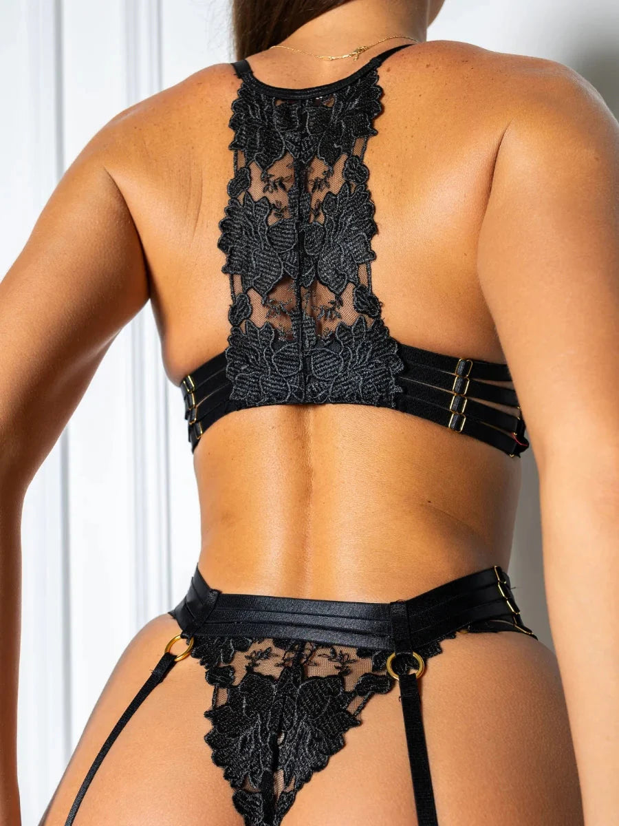 Elodie - Black Lace Embroidered Lingerie Set