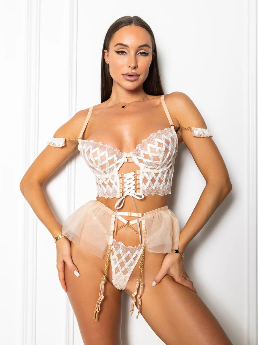 Juliette - White Tied Bustier Garter Set
