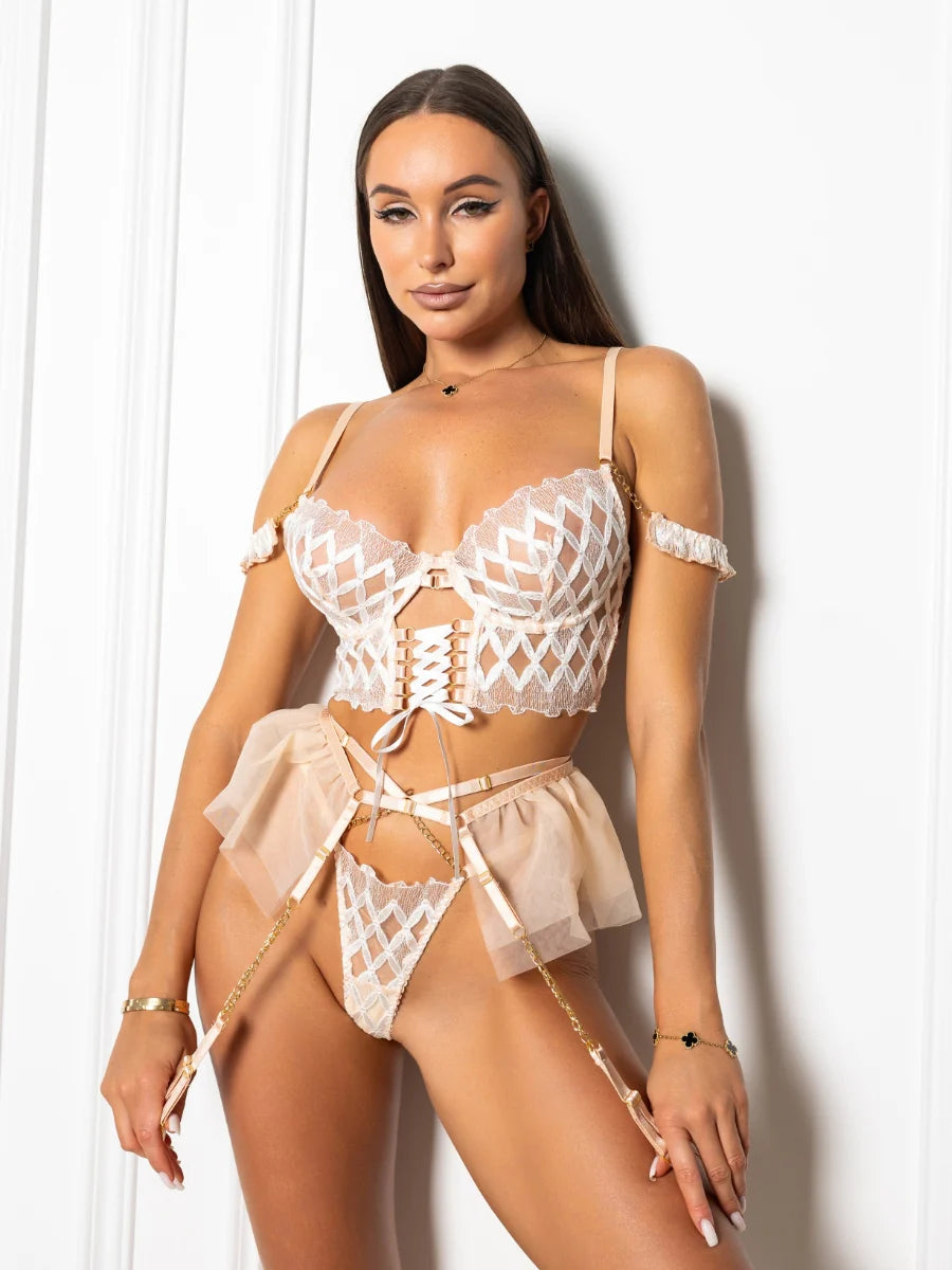 Juliette - White Tied Bustier Garter Set