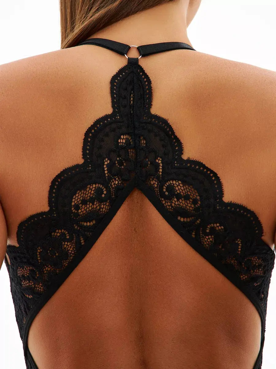 Liaza - Black Lace Bustier Bodysuit with Open Back