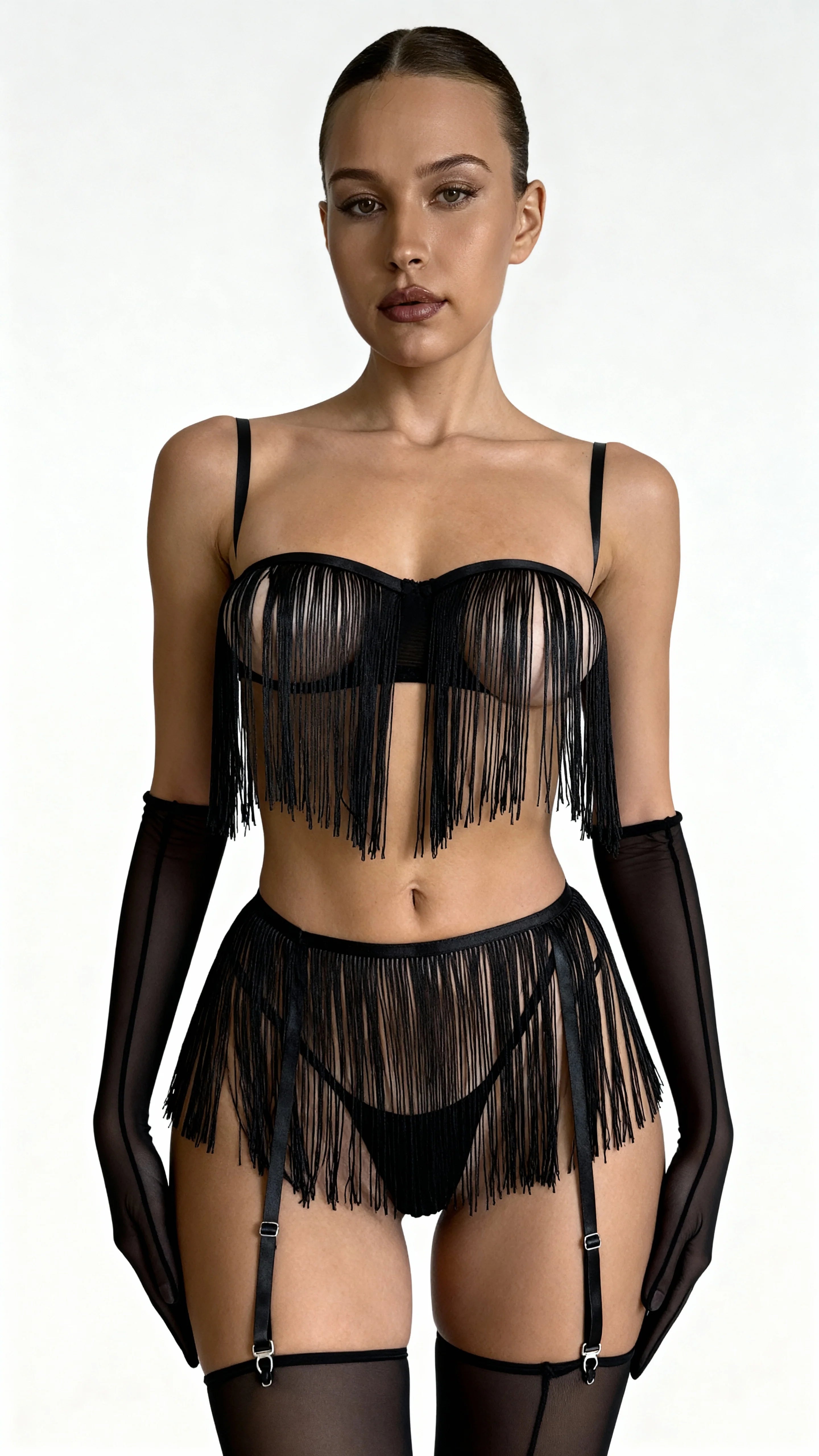 Linda Strappy - Black Tassel Garter Set