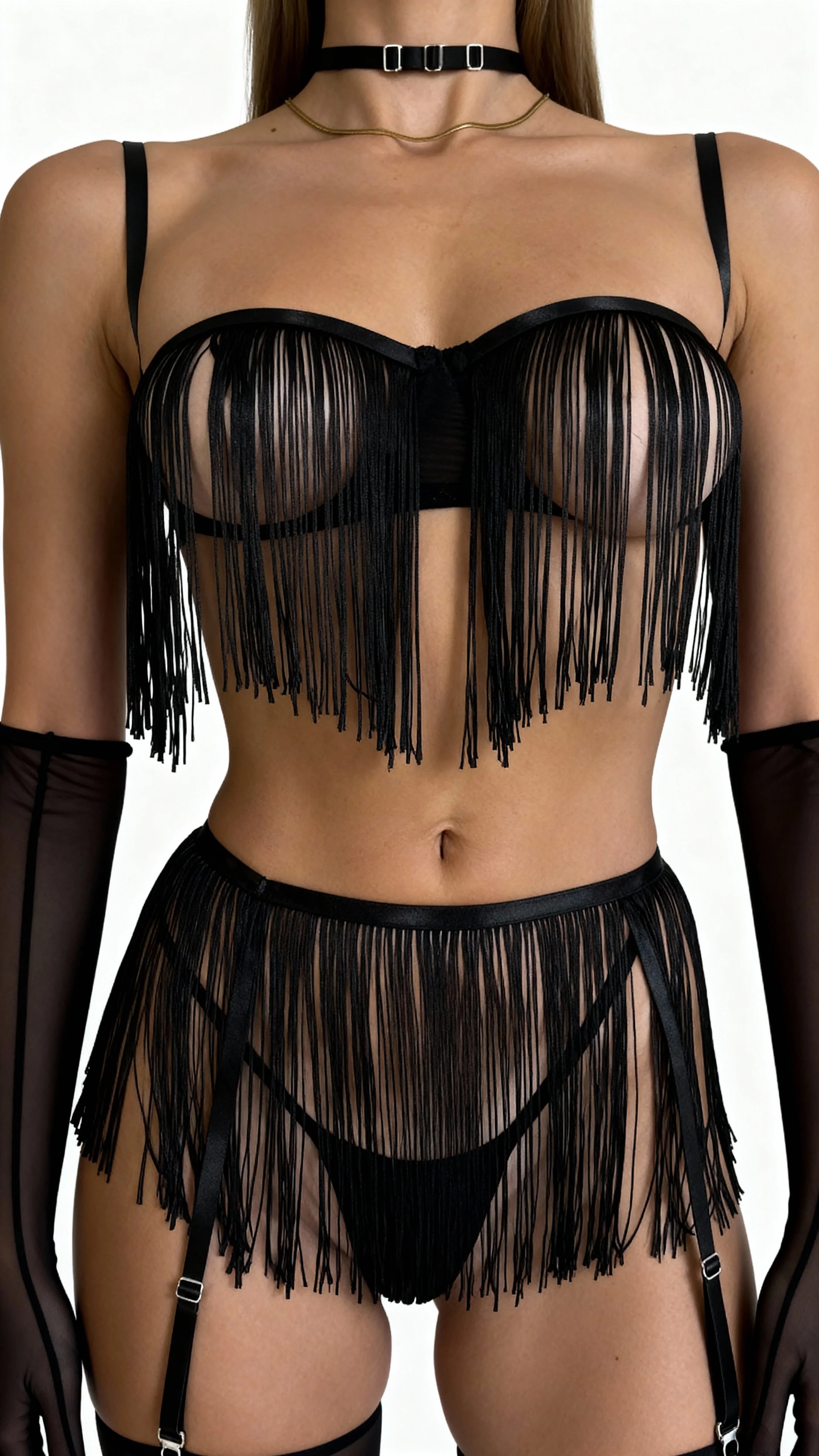 Linda Strappy - Black Tassel Garter Set