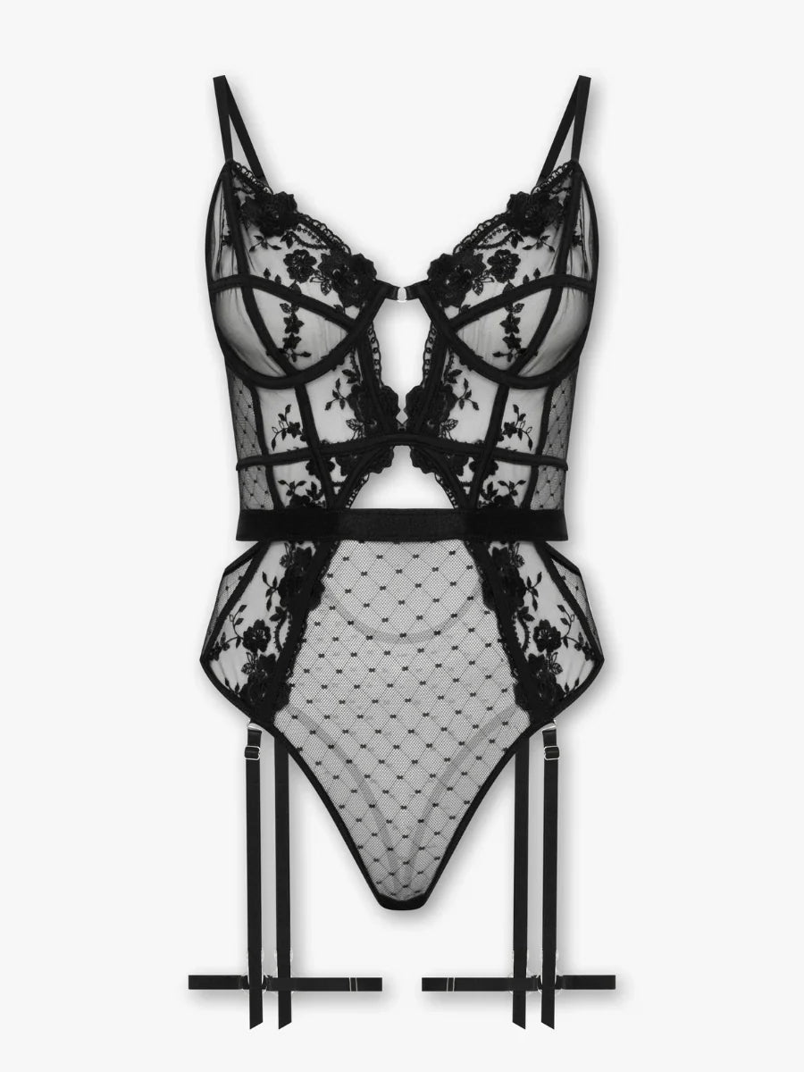 Natalia - Black Floral Embroidered Balconette Bodysuit