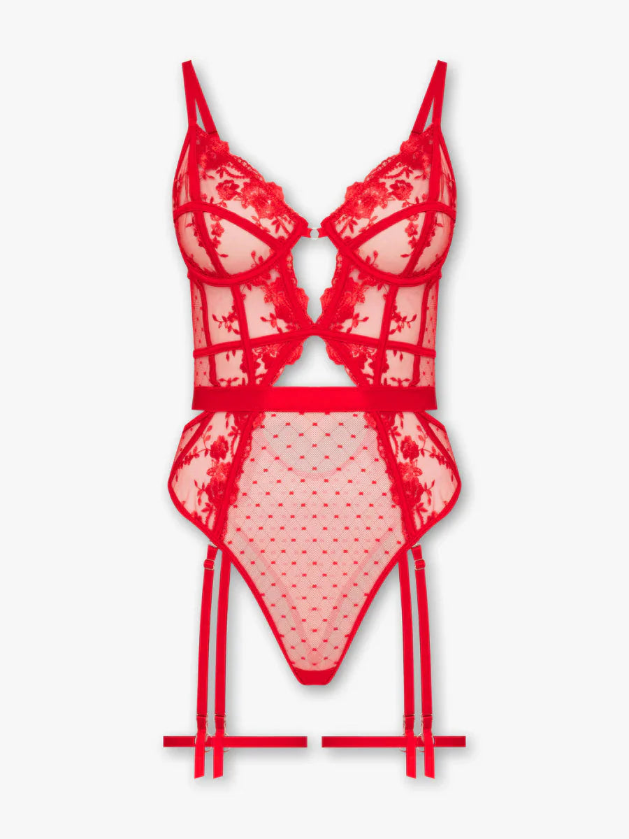 Natalia - Red Flower Embroidered Balconette Bodysuit