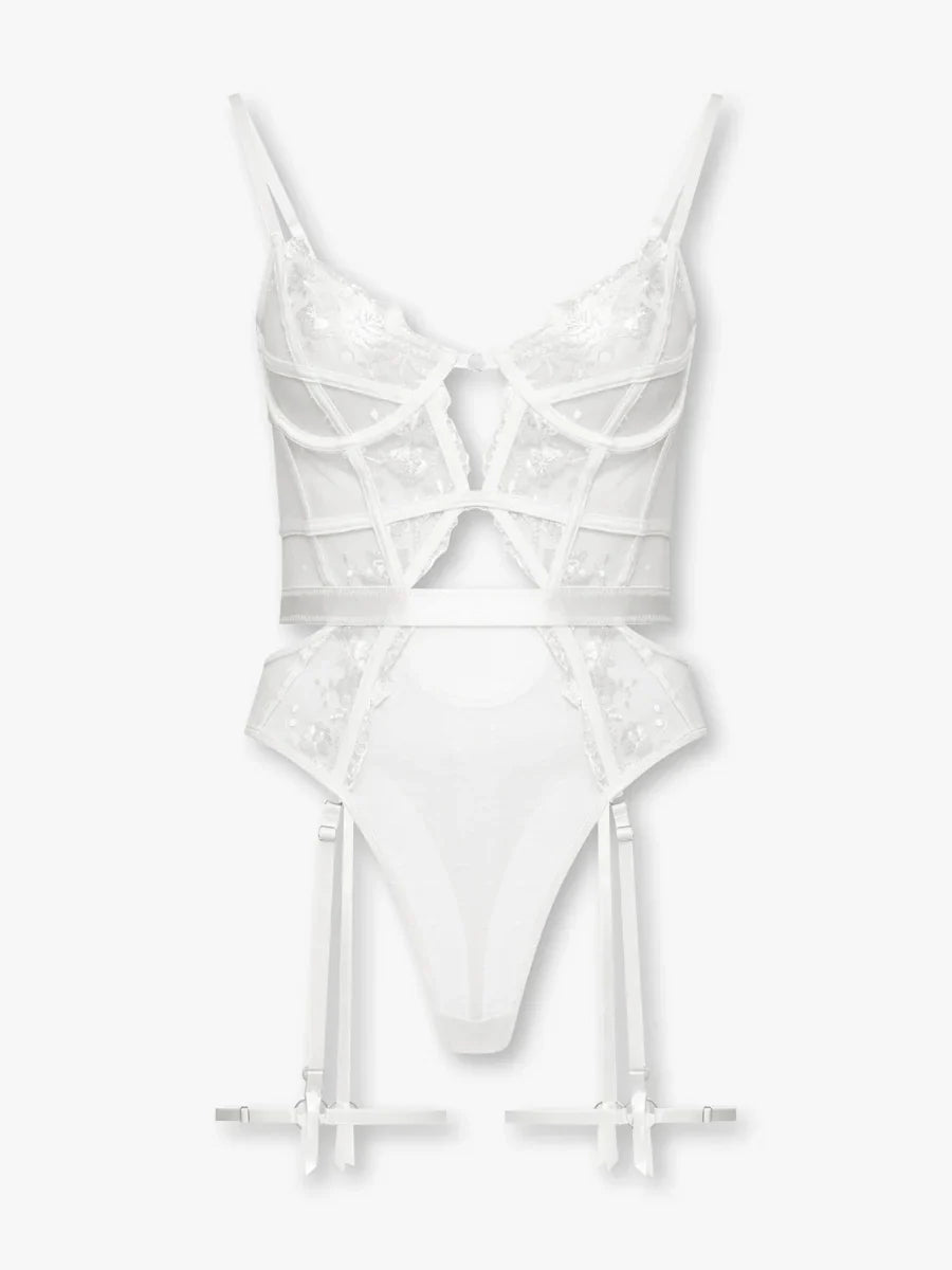 Natalia - White Flower Embroidered Balconette Bridal Garter Bodysuit