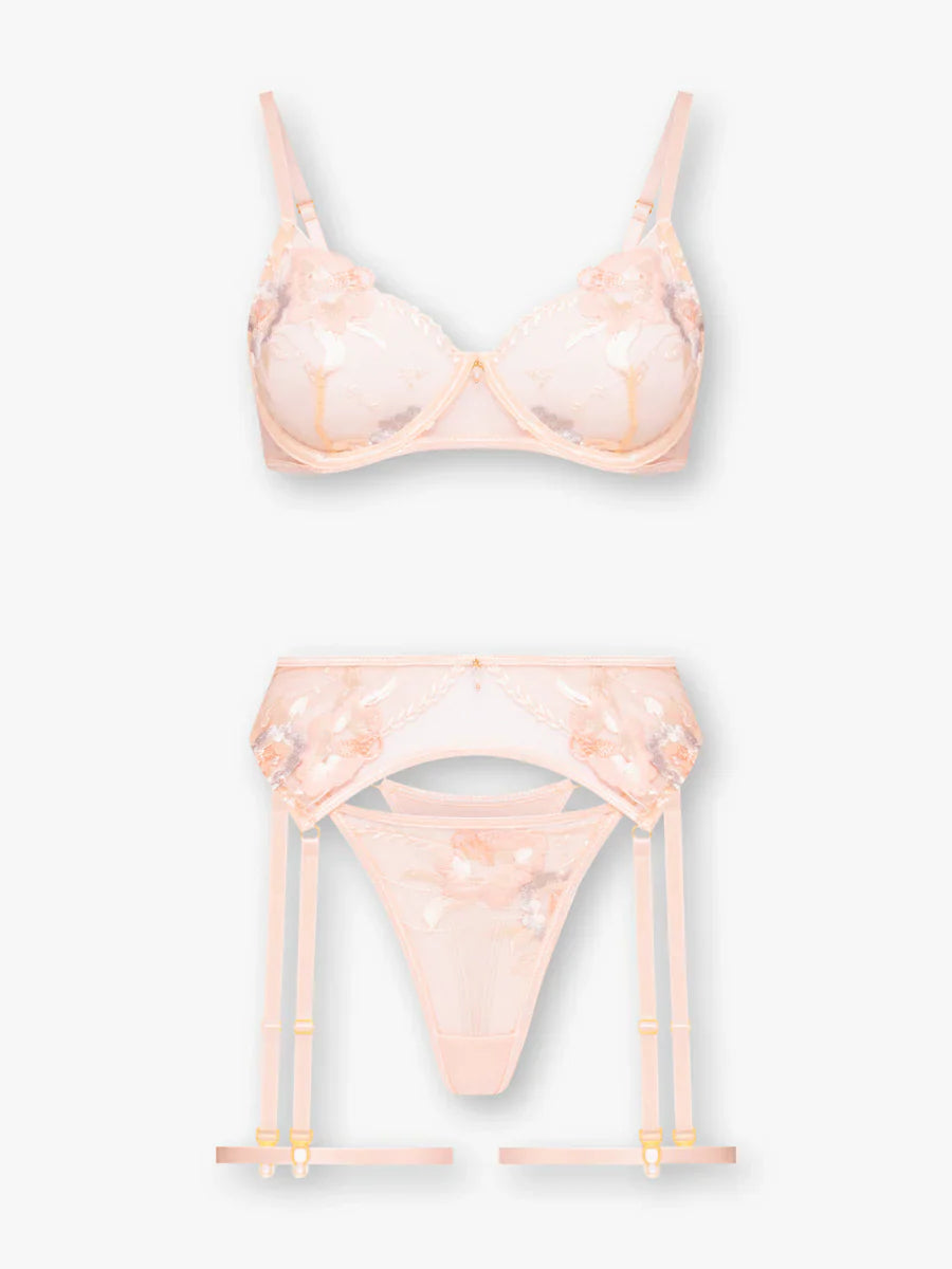 Elegance peach balconette floral suspender set overall look, chic and lace lingerie set