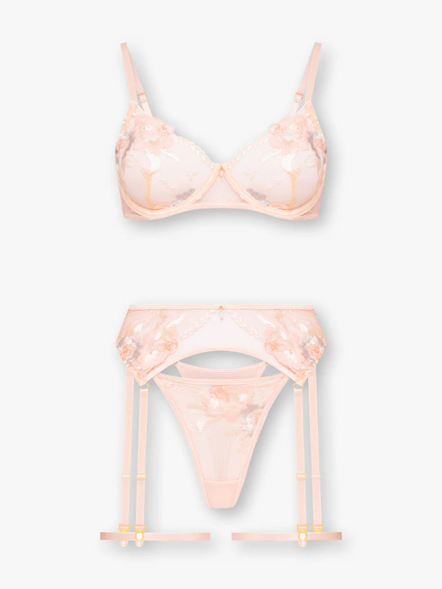 Elegance şeftali balenli çiçekli jartiyer takımı genel görünüm, şık ve dantelli iç giyim seti