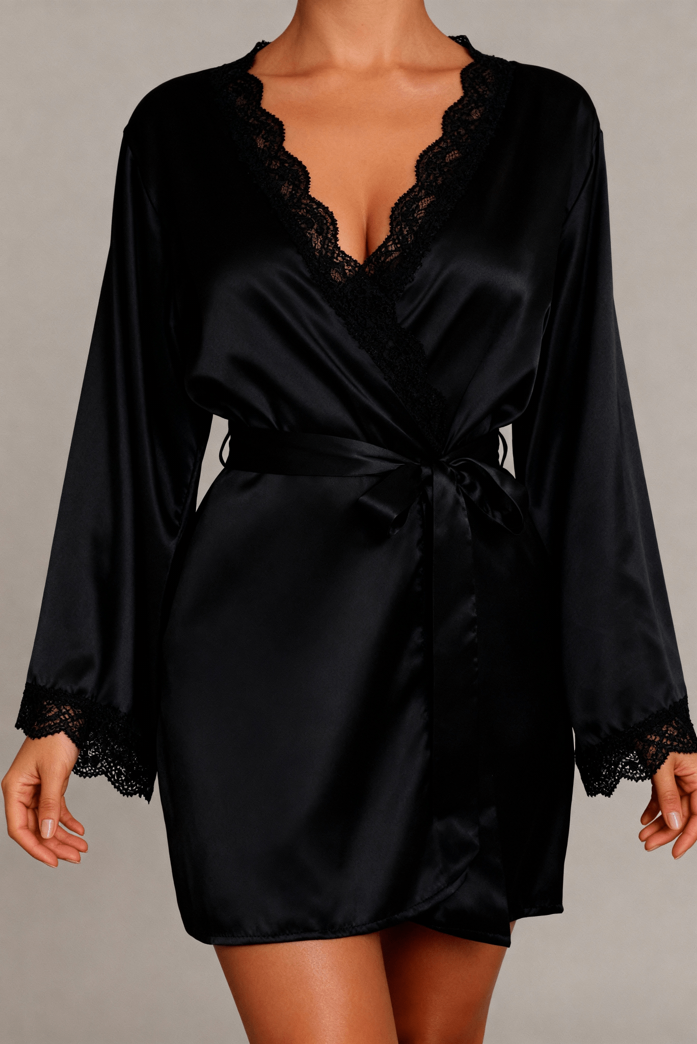 Elysian Series - Satin Robe with Lace Trim - Black