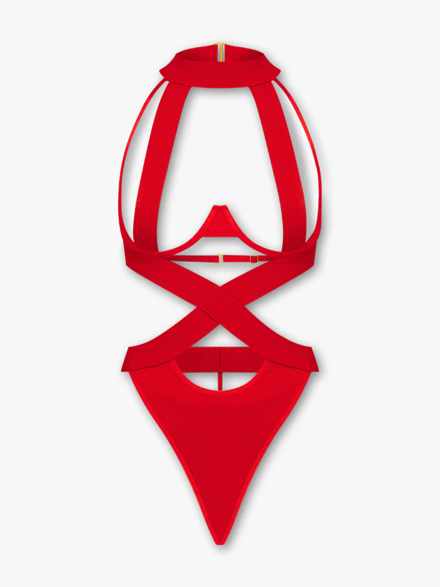 Kırmızı balenli saten bodysuit sade görünüm