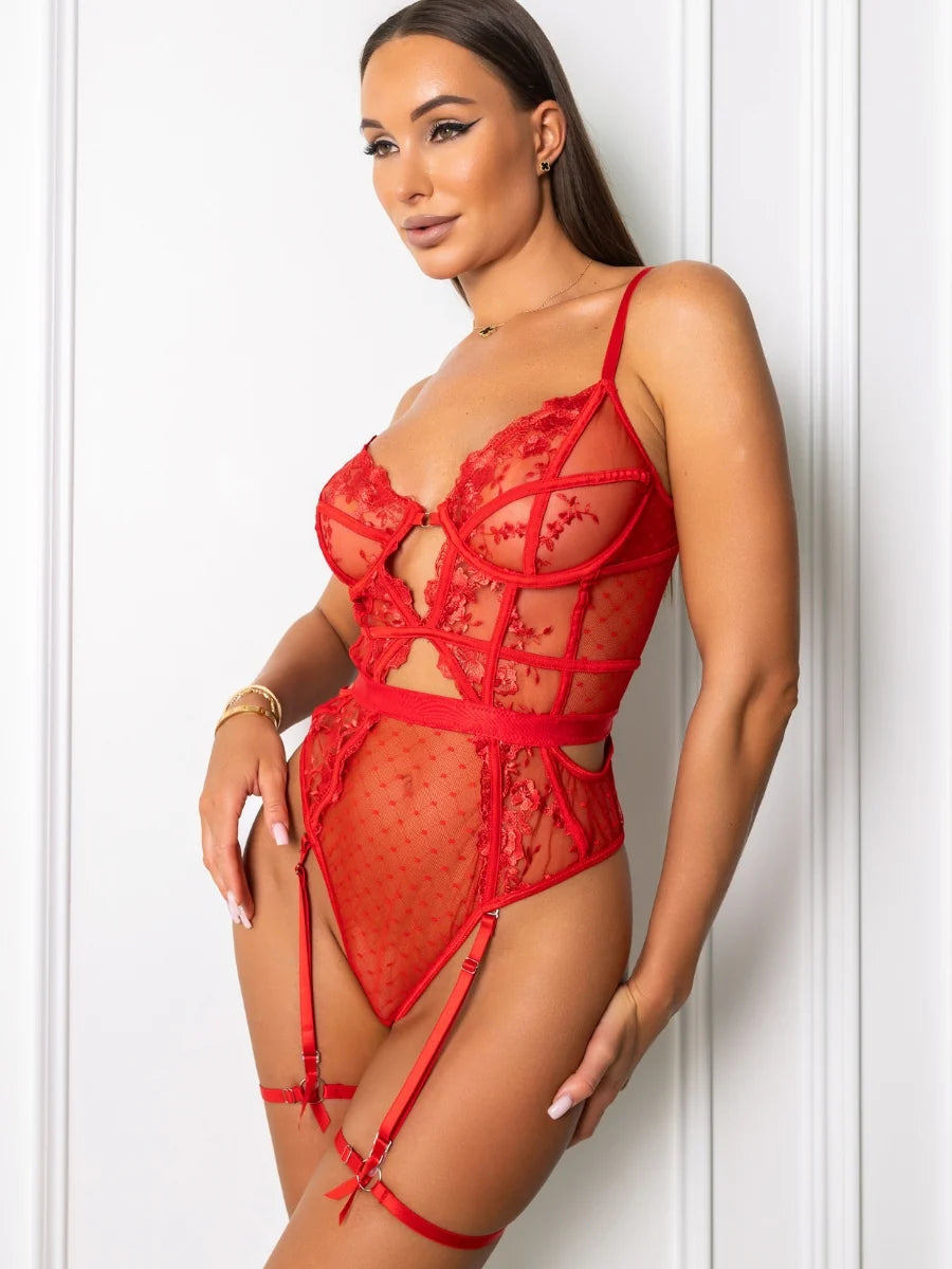 Natalia kırmızı çiçek nakışlı balenli jartiyer bodysuit'un yandan görünümü fugu.tr