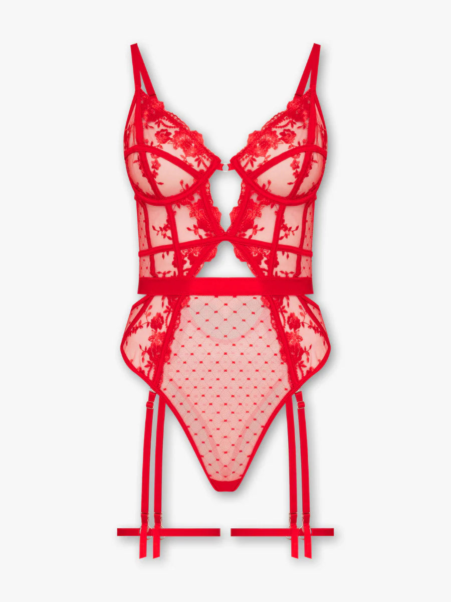 Natalia kırmızı çiçek nakışlı balenli jartiyer bodysuit ürün görseli fugu.tr