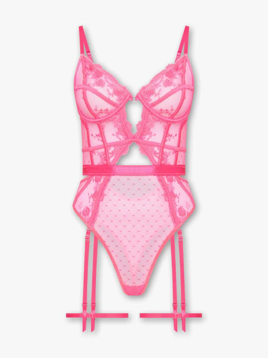 Natalia pembe balenli çiçek nakışlı bodysuit ürün görseli fugu.tr