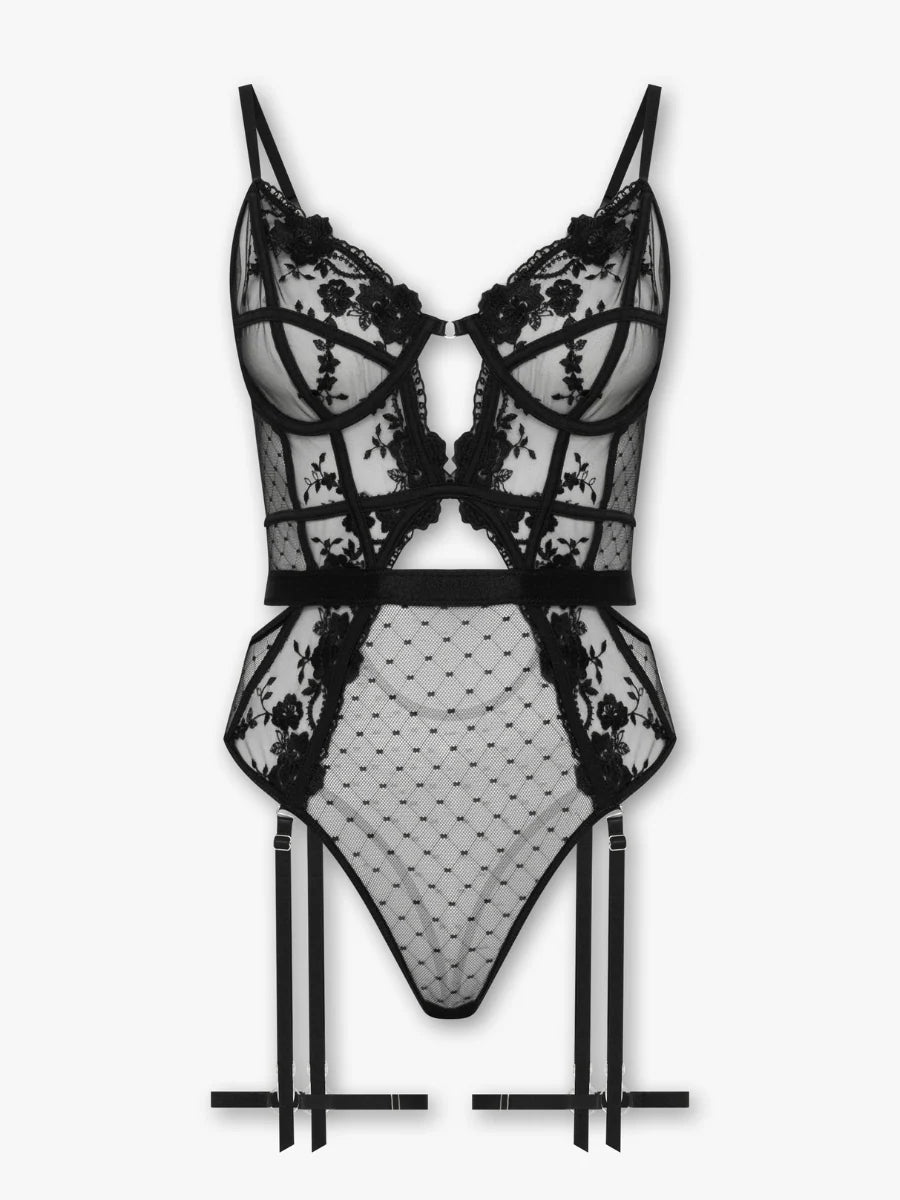 Natalia siyah çiçek nakışlı balenli jartiyer bodysuit ürün görseli fugu.tr