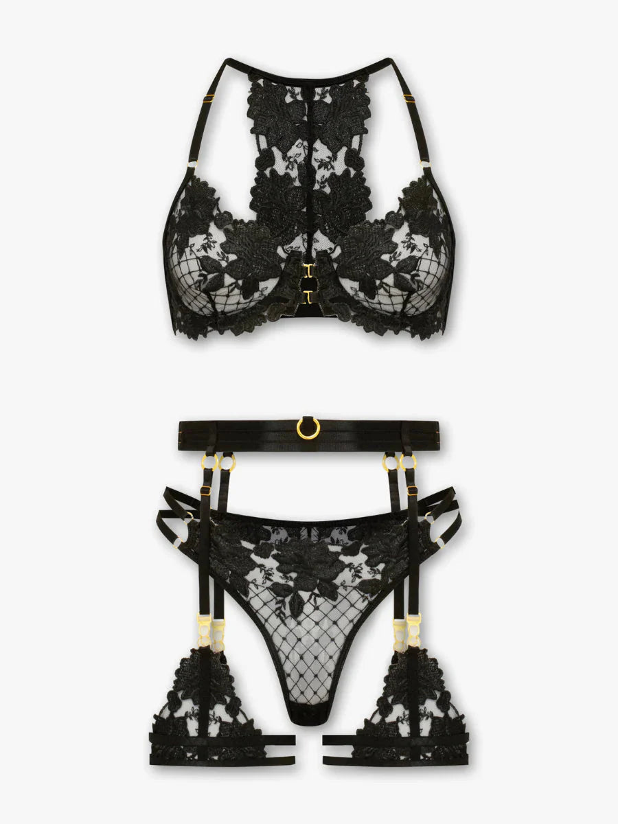 Elodie - Black Lace Embroidered Lingerie Set