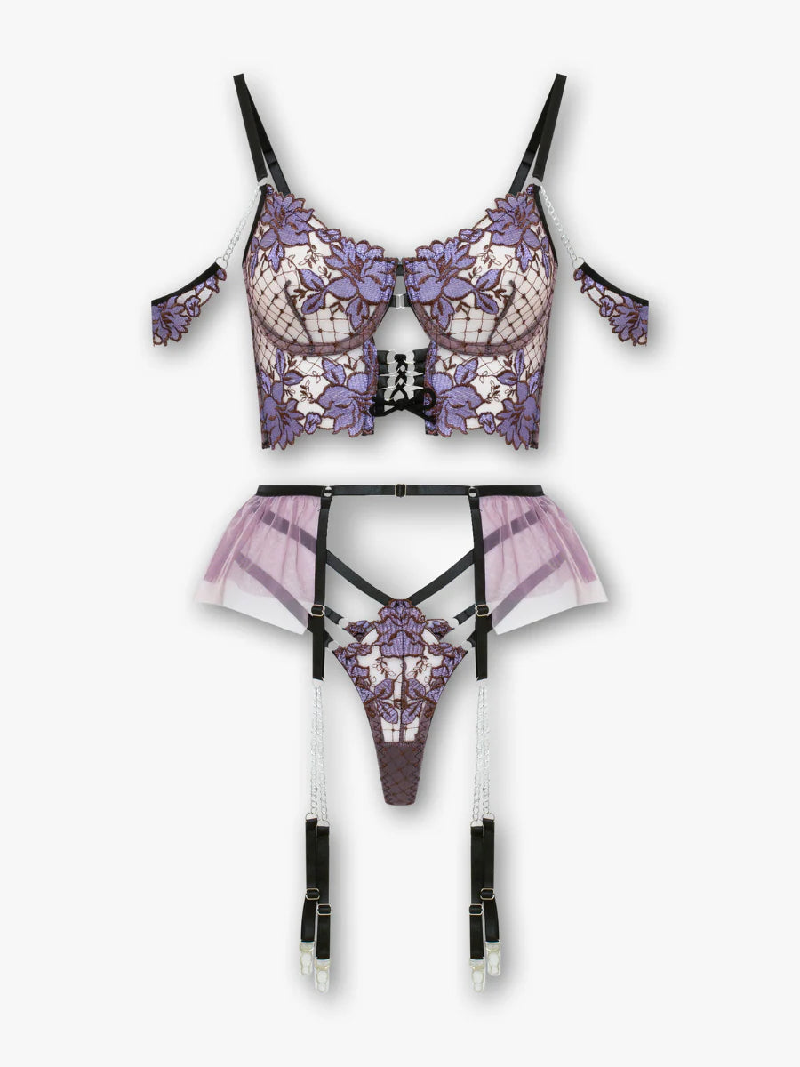 Feline - Purple Tied Bustier Garter Set