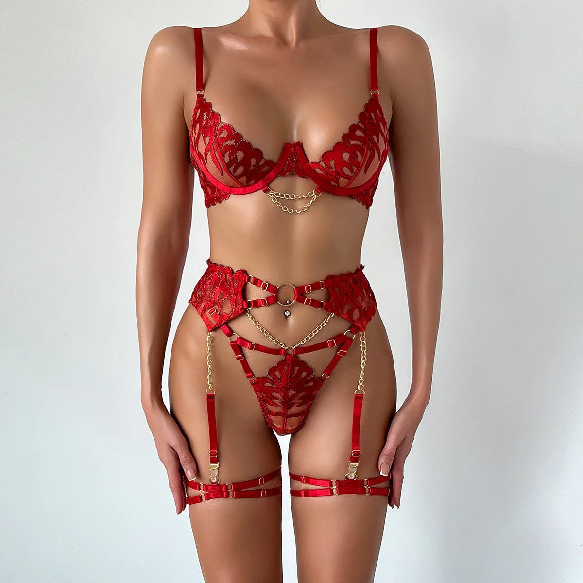 Firebomb - Chain-Detailed Red Lingerie Set