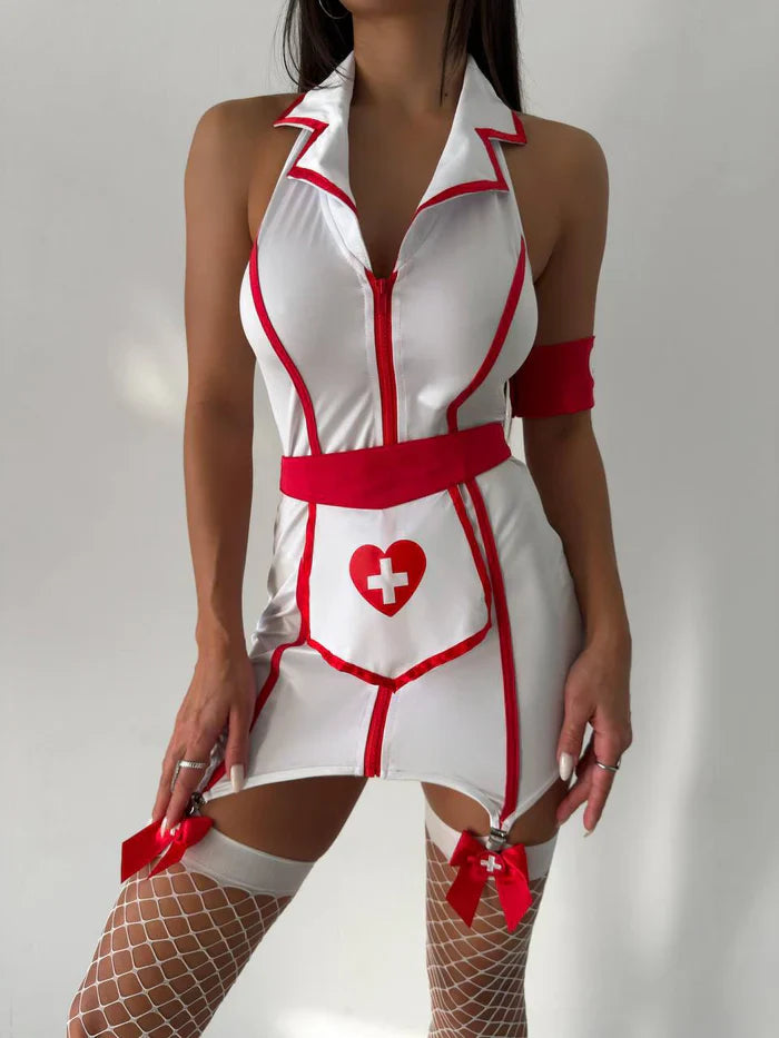 Fleur Noir Nurse Inspired Zip Mini Dress – White