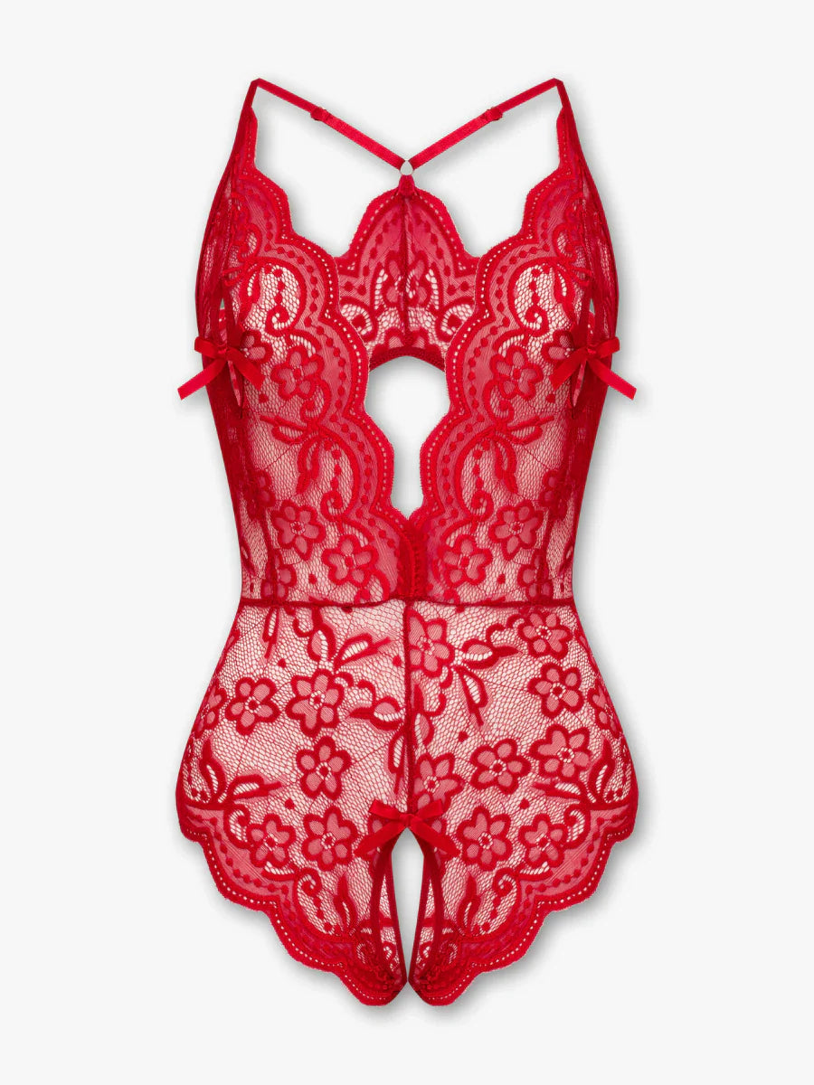 Liaza kırmızı dantelli özel bölgesi açık bodysuit, çarpıcı tasarımıyla dikkat çeken iç giyim modeli fugu.tr