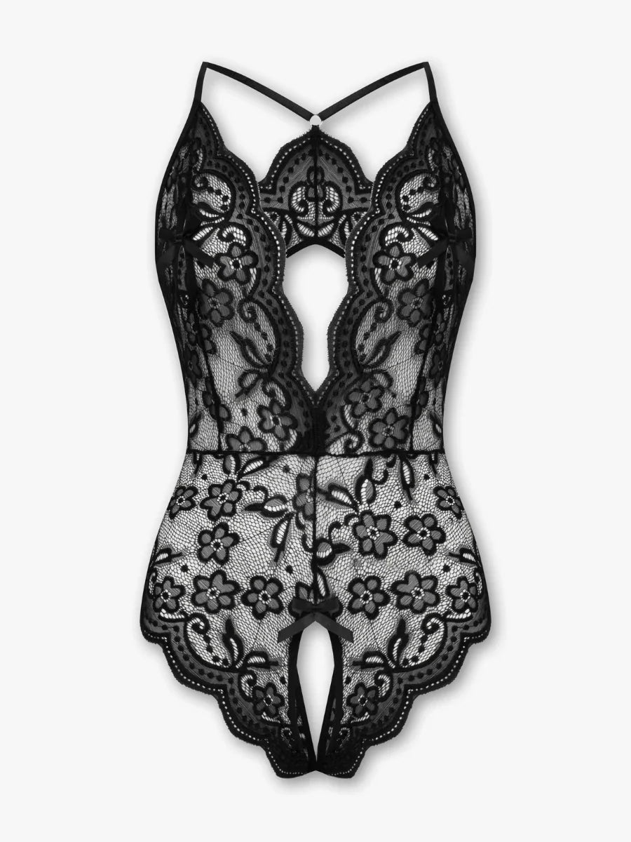 Liaza - Black Lace Bustier Bodysuit with Open Back