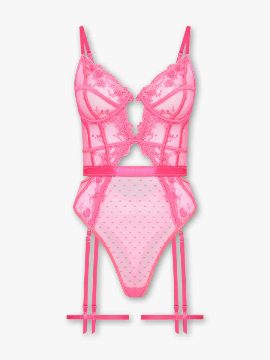 Natalia - Pink Balen Flower Embroidered Bodysuit