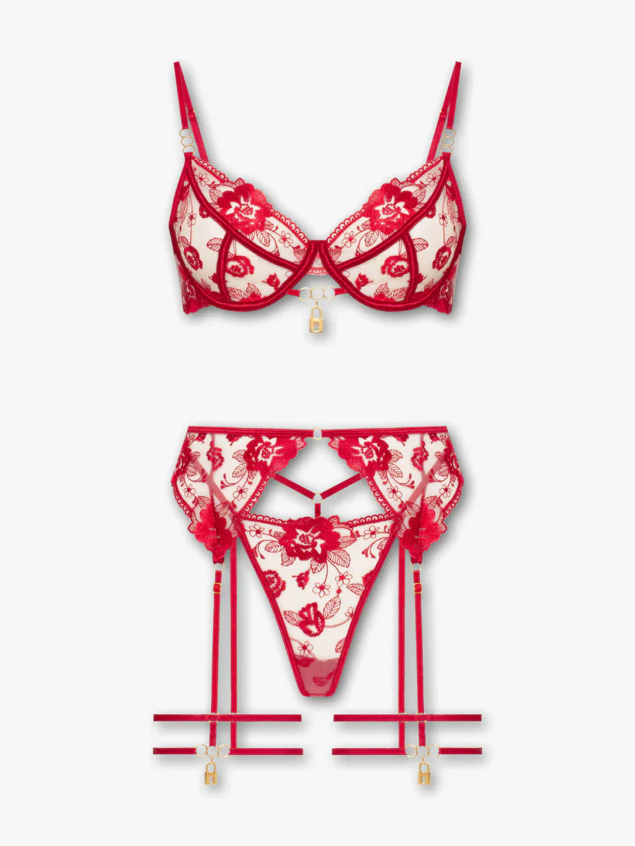 Crimson Temptation kırmızı balenli çiçekli jartiyer takımı