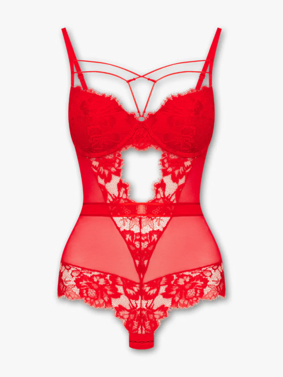 Janey Lace kirmizi balenli dantelli bodysuit gorunum