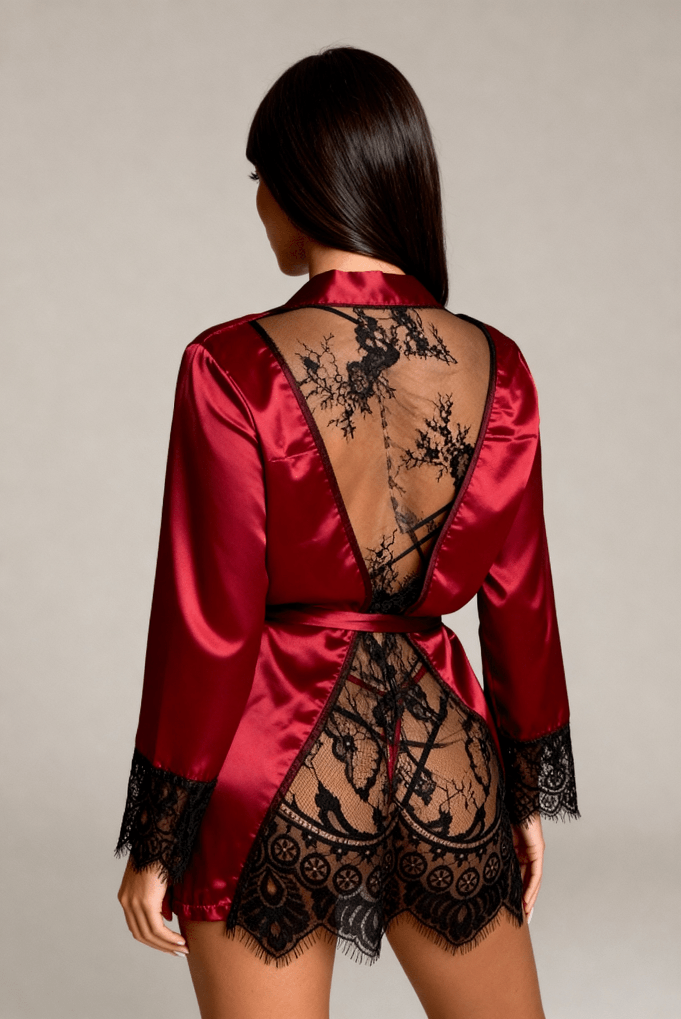 Elysian Series - Satin Robe with Black Lace Back - Red