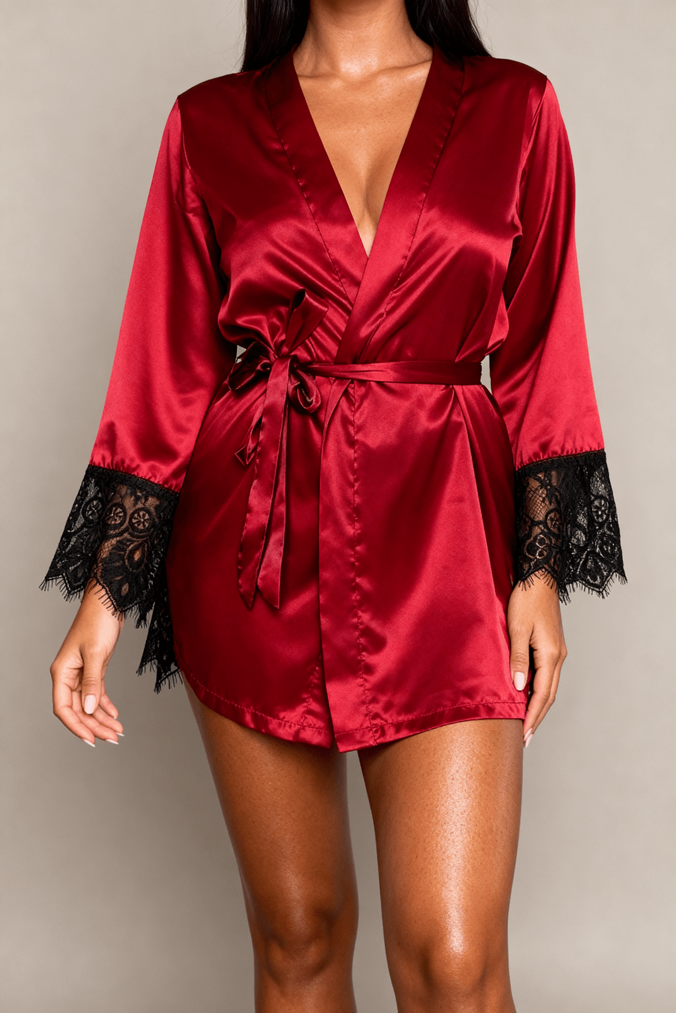 Elysian Series - Satin Robe with Black Lace Back - Red
