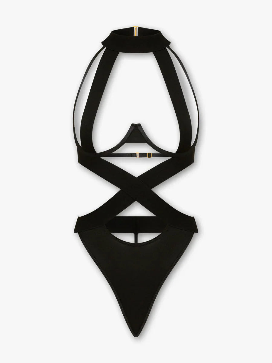 Micha siyah saten balenli tangali bodysuit gorunum