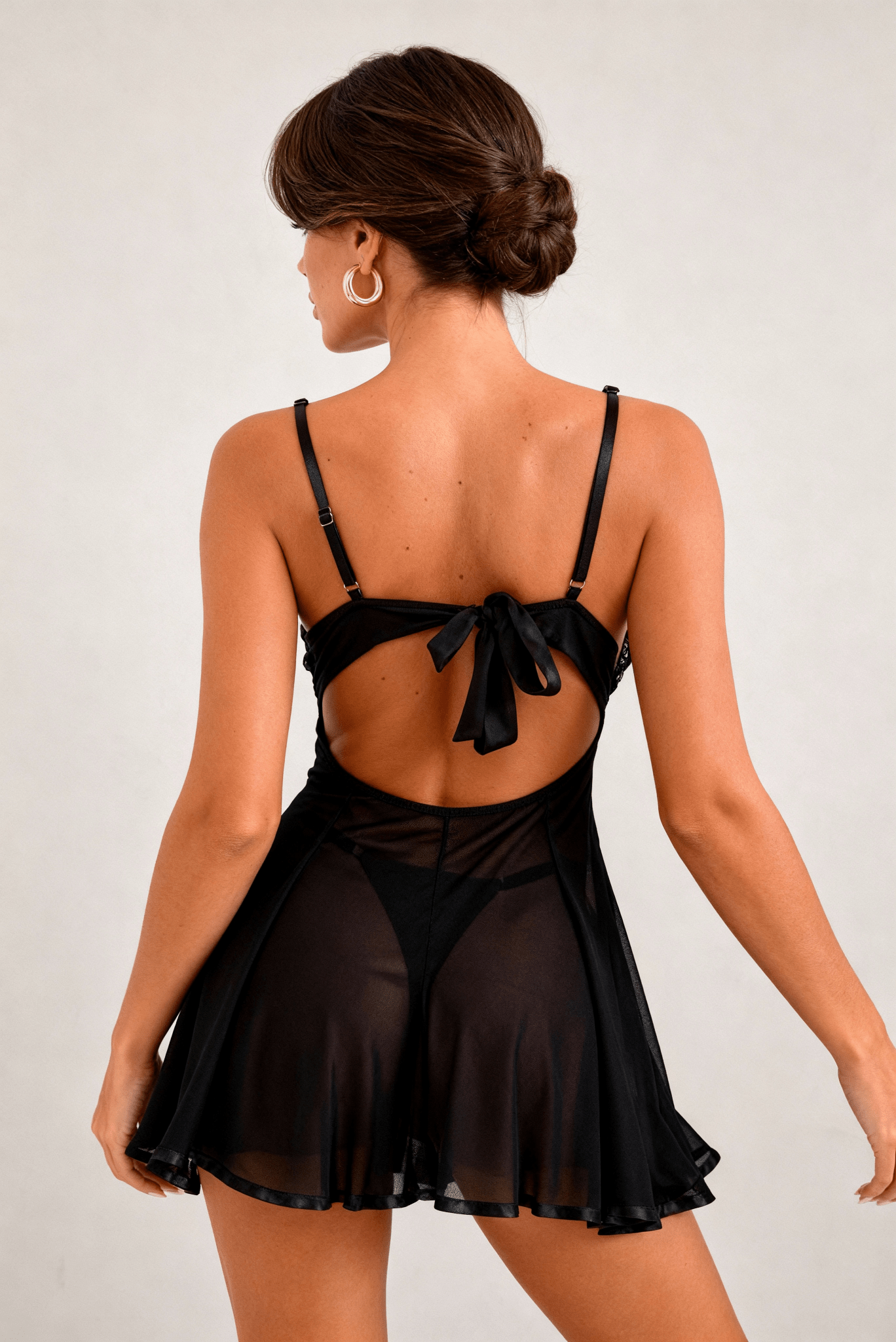 Pure Allure Series - Sheer Tulle Nightdress with Elegant Embroidered Bust Detail - Black