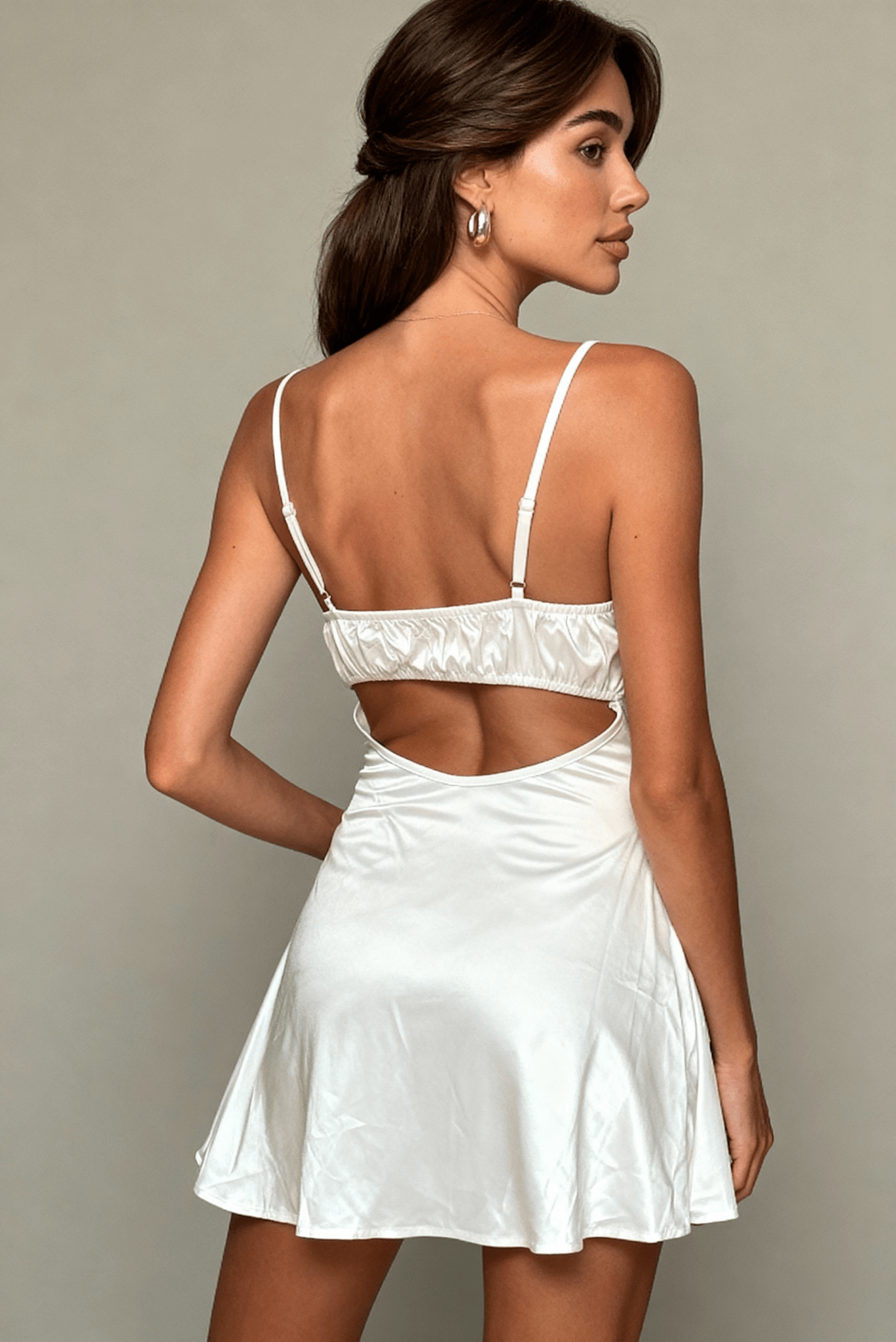 Elysian Series - White Satin & Lace Open-Back Nightdress - White